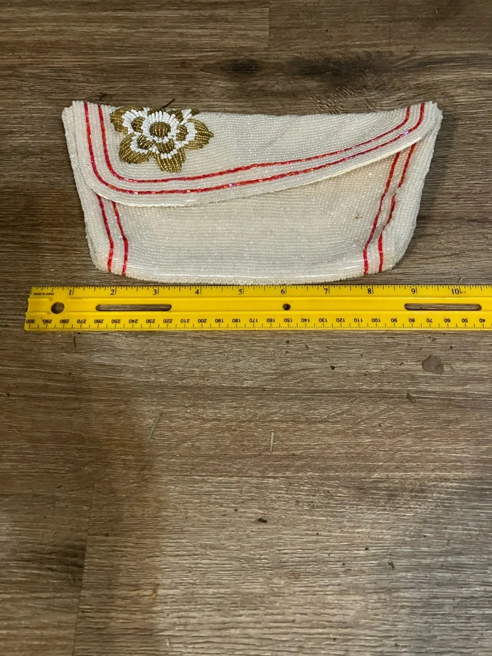 Beaded Clutch with Satin Lining - Ivory and Red Trim